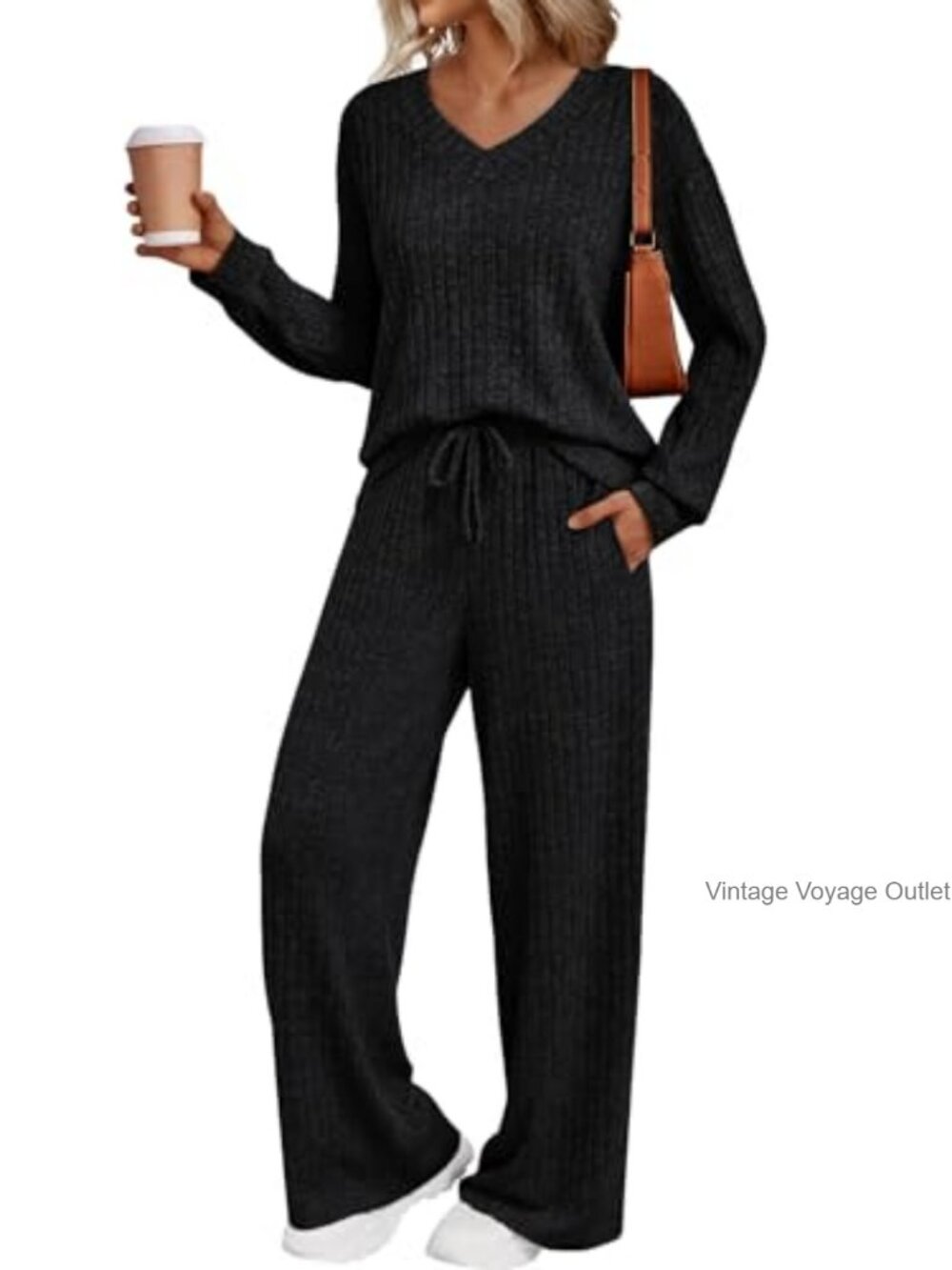 Ribbed Knit Lounge Set V-Neck Top Wide-Leg Pants with Pockets Stretch Travel